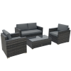 Outsunny 4 Pieces Outdoor PE Rattan Sofa Set with Cushions, Patio Wicker Conversation Furniture Set with Glass Top Coffee Table, Mixed Grey