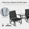 Outsunny Outdoor Double Glider Rocking Chairs with Glass Top Middle Table, Metal Gliding Love Seat Conversation Furniture with Breathable Mesh Fabric Seat, for Garden, Patio, Black
