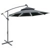 Outsunny 3(m) Cantilever Banana Parasol Hanging Umbrella with Double Roof, LED Solar lights, Crank, 8 Sturdy Ribs and Cross Base for Outdoor, Garden, Patio, Black