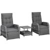 Outsunny 3 Pieces Rattan Bistro Set, Wicker Balcony Furniture Set with Reclining Sun Loungers, 2-Tier Coffee Table and Cushions, 2 Seater Garden Furniture for Outdoor Patio Balcony, Mixed Grey
