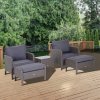 Outsunny 5 Pieces PE Rattan Garden Furniture Set with 10cm Thick Padded Cushions, Wicker Weave Outdoor Seating Chairs with 2 Armchairs, 2 Stools, Glass Top Table, Grey