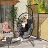 Outsunny Outdoor Swing Chair with Thick Padded Cushion, Patio Hanging Chair with Metal Stand, Foldable Basket Egg Chair with Cup Holder, Rope Structure, for Indoor and Outdoor, Grey