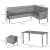 Outsunny 5 Pieces Rattan Garden Furniture Set, 6 Seater Wicker Dining Set, Corner Garden Sofa Outdoor Furniture Set with Glass Top Table, Footstool and Cushions for Patio, Beige