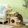 PawHut Dog Steps for Bed, 4 Step Pet Stairs with Cat House, Detachable Cover, Jute Scratching Post, Cat Climb ladder for Sofa w/ Hanging Balls - Beige