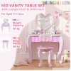AIYAPLAY Kids Dressing Table Set, 2-Piece Children Vanity Table with Stool, Mirror, Drawer, Desktop, Storage, Heart-Themed Makeup Desk and Chair, Pink