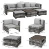Outsunny 7 Pieces PE Rattan Garden Sofa Set Patio Furniture Set with Glass Table, Stools, Cushions, Pillows, for Outdoor Balcony, Mixed Grey