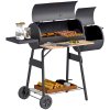 Outsunny Charcoal Barbecue Grill with Offset Smoker, Barrel BBQ Trolley with 3 Storage Shelves & Thermometer for Outdoor Garden Camping Picnic Cooking, Black