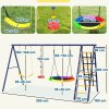 AIYAPLAY 6 in 1 Kids Swing Set, Metal Swing with 3 Swings, Basketball Hoop, Climbing Ladder and Net, Heavy Duty A-Frame Garden Swing Kids Outdoor Children Playground for Ages 3-8