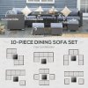 Outsunny 10 Pieces Outdoor PE Rattan Sofa Set with 10cm Thick Cushions, Garden Sectional Corner Sofa Set with Glass Top Dining Table and Three Footstools, Grey