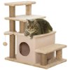 PawHut Dog Steps for Bed, 4 Step Pet Stairs with Cat House, Detachable Cover, Jute Scratching Post, Cat Climb ladder for Sofa w/ Hanging Balls - Beige