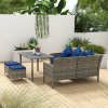 Outsunny 5 Pieces Rattan Garden Furniture Set, 6 Seater Wicker Dining Set, Corner Garden Sofa Outdoor Furniture Set with Glass Top Table, Footstool and Cushions for Patio, Dark Blue