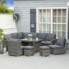 Outsunny 10 Seater Rattan Dining Set with Expandable Table and Nesting Chairs, Rattan Garden Furniture Set with Cushions, Outdoor Dining Table and Chairs, Sectional Corner Sofa Set, Grey