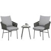 Outsunny 3-Piece Rattan Bistro Set, Garden Table and Chairs with 4 Cushions, Patio Rattan Conversation Furniture Set for Balcony, Porch, Terrace, Grey