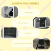 PawHut Wooden Dog Kennel Outdoor, Elevated Dog House for Outside, with Openable Top, Asphalt Roof, Windows, Curtain, Removable Tray, Adjustable Legs, 65H x 97L x 72Wcm, Grey