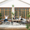 Outsunny 6 Piece L Shaped Garden Furniture Set, 9 Seater Outdoor Corner Sofa Set with 3 Loveseats, Bench, Chair, Wide and Deep Seats, WPC Top Coffee Table, Thick Cushions, Natural Wood Finish