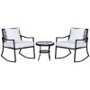 Outsunny Rattan Bistro Set, 3 Pieces Wicker Garden Furniture Set with Rocking Chairs and Round Glass Top Coffee Table, Small Balcony Furniture with Cushions for Outdoor, Porch, Brown