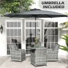 Outsunny 4 Seater Rattan Dining Set with Parasol, Luxury Rattan Garden Furniture Set with Seat and Back Cushions, Outdoor Table and Chairs, Round Glass Top Table