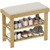 HOMCOM Bamboo Shoe Storage Bench, 3-Tier Shoe Bench with Seat Cushion, Shoe Rack for Entryway, Hallway, Living Room, Bedroom, Cream White