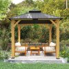 Outsunny 3x(3)M Outdoor Hardtop Gazebo Canopy with 2-Tier Roof and Solid Wood Frame, Outdoor Patio Shelter for Patio, Garden, Grey