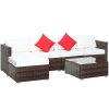 Outsunny 6 Pieces Rattan Garden Furniture Set, 5 Seater Sectional Garden Corner Sofa Set with Glass Top Coffee Table, Cushions and Pillows, All-Weather Wicker Conversation Furniture, Cream White