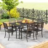 Outsunny 7 Pieces Patio Dining Set, 6 Seater Outdoor Table and Stackable Chairs with Umbrella Hole, Galvanised Steel Frame, Space Saving, for Poolside, Garden, Black