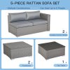 Outsunny 5 Pieces Rattan Garden Furniture Set, Wide & Deep Garden Sofa with Thickened Cushions, Outdoor Furniture Conservatory Set with Loveseats, Footstools and Glass Top Table for Patio, Grey