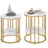 HOMCOM Round Coffee Table Set of 2, Marble-Effect Side Tables with Storage Open Shelf and Steel Frame for Living Room, Bedroom, Gold Tone