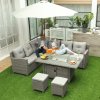 Outsunny Rattan Garden Furniture with Fire Pit and Waterproof Cover, 8 Seater Garden Corner Sofa Set with 11.8 KW Fire Pit Table, Ottomans and Olefin Cushions, Outdoor Conservatory Furniture, Grey