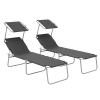 Outsunny Outdoor Foldable Sun Lounger Set of 2, 4 Level Adjustable Backrest Reclining Sun Lounger Chair with Angle Adjust Sun Shade Awning for Beach, Garden, Patio, Grey