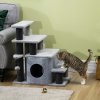 PawHut Dog Steps for Bed, 4 Step Pet Stairs with Cat House, Detachable Cover, Jute Scratching Post, Cat Climb ladder for Sofa w/ Hanging Balls  - Grey