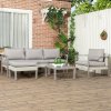 Outsunny 6 Pieces PE Rattan Garden Furniture Set with Sofa, Armchairs, Stool, Patio Sofa Set with Metal Coffee Table, Cushions, for Poolside, Light Grey