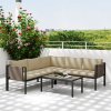 Outsunny 5 Seater Garden Corner Sofa Set, 4 Pieces Metal Garden Furniture Set with Loveseats, Glass Top Coffee Table, Breathable Mesh Pocket, Outdoor Conversation Furniture with Cushions, Khaki