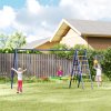 AIYAPLAY 6 in 1 Kids Swing Set, Metal Swing with 3 Swings, Basketball Hoop, Climbing Ladder and Net, Heavy Duty A-Frame Garden Swing Kids Outdoor Children Playground for Ages 3-8