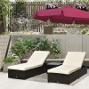 Outsunny 3 Pieces Rattan Sun Loungers with Side Table, 5-Level Adjustable Garden Recliner Sun Loungers Set of 2 with Cushions, Wicker Outdoor Patio Furniture with Glass Top Coffee Table, Dark Brown