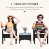 Outsunny 3 Pieces Rattan Bistro Set, Wicker Garden Furniture Set with Glass Top Coffee Table and Chairs, Washable Cushions for Outdoor, Patio, Balcony, Black