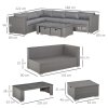 Outsunny 6 Pieces Rattan Garden Furniture Set, Wicker Garden Corner Sofa Set with 10cm Thickened Cushions, Aluminium Frame Conservatory Furniture with Glass Top Coffee Table, Footstools, Grey