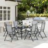 Outsunny 7 Pieces Garden Dining Set, 6 Seater Garden Furniture Set with Parasol Hole, Outdoor Dining Set with High Back Folding Chairs and Square Metal Top Table for Outdoor Patio, Grey