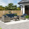 Outsunny 6 Pieces Rattan Garden Furniture Set, 5 Seater Wicker Outdoor Furniture Set with 2 Armchairs, Steel Frame Coffee Table and Cushions for Balcony, Porch, Navy Blue
