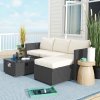 Outsunny 5 Piece Rattan Garden Furniture Set with Gas Fire Pit Table, 4 Seater Outdoor Sectional Sofa Set with Footstool and Removable Cushions, Modular Combination, Black and Cream White
