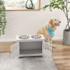 PawHut Raised Dog Bowls for Large Dogs, Pet Feeding Station, Doors with Latch, Storage Cabinet, Two Stainless Steel Bowls - White