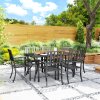 Outsunny 7 Pieces Patio Dining Set, 6 Seater Outdoor Table and Stackable Chairs with Umbrella Hole, Galvanised Steel Frame, Space Saving, for Poolside, Garden, Black