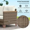 Outsunny 3 Pieces Rattan Garden Furniture Set, L Shaped Garden Conversation Chaise Lounge Furniture with Wood Top Coffee Table and Thick Cushions, Cream