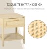 HOMCOM Nightstand with Rattan Drawer and Storage Shelf, Bedside End Table for Bedroom, Living Room