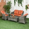 Outsunny 4 Pieces Outdoor PE Rattan Garden Furniture with Cushions, Patio Special Hand Weave Wicker Conservatory Sofa Set with Glass Top Coffee Table, Orange
