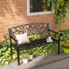 Outsunny Garden Bench, 2 Seater Metal Outdoor Bench Seat, Patio Loveseat with Armrests, Floral Backrest and Slatted Seat, 240 KG Capacity for Park, Porch, Black