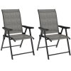 Outsunny Set of 2 Folding Chair, Garden Chair Set with Breathable Mesh Back and Seat, Outdoor Camping Chairs with Armrests, Steel Frame for Deck Balcony, Black and Grey