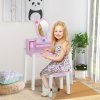 HOMCOM 2 PCS Kids Wooden Dressing Table and Stool Girls Vanity Table Makeup Table Set with Mirror Drawers Role Play Toy for Toddlers Age 3 Years +, Pink and White