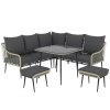 Outsunny 6 Pieces Rattan Garden Furniture Set, Garden Corner Sofa with Thickened Cushions, Outdoor Dining Set with Glass Top Dining Table, Loveseats and Footstools for Conservatory, Light Grey