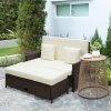 Outsunny Rattan Garden Daybed, Assembled Double Sun Lounger with 5-Level Adjustable Back, Storage Ottoman, Cushions, Pillows and Retractable Trays, Outdoor Loveseat Sofa Bed for Patio, Brown