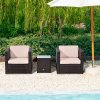 Outsunny 3 Pieces Rattan Bistro Set, Wicker Garden Furniture Set with Glass Top Coffee Table and Chairs, Thickened Washable Cushions for Outdoor, Patio, Balcony, Brown